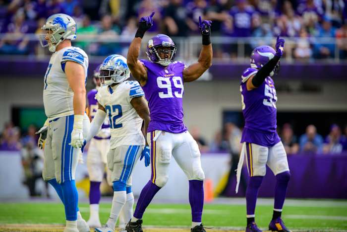 Oct 10, 2021; Minneapolis, Minnesota, USA; Minnesota Vikings defensive end Danielle Hunter (99) celebrates a sack of Detroit Lions quarterback Jared Goff (not pictured) during the fourth quarter at U.S. Bank Stadium. Mandatory Credit: Jerome Miron-USA TODAY Sports