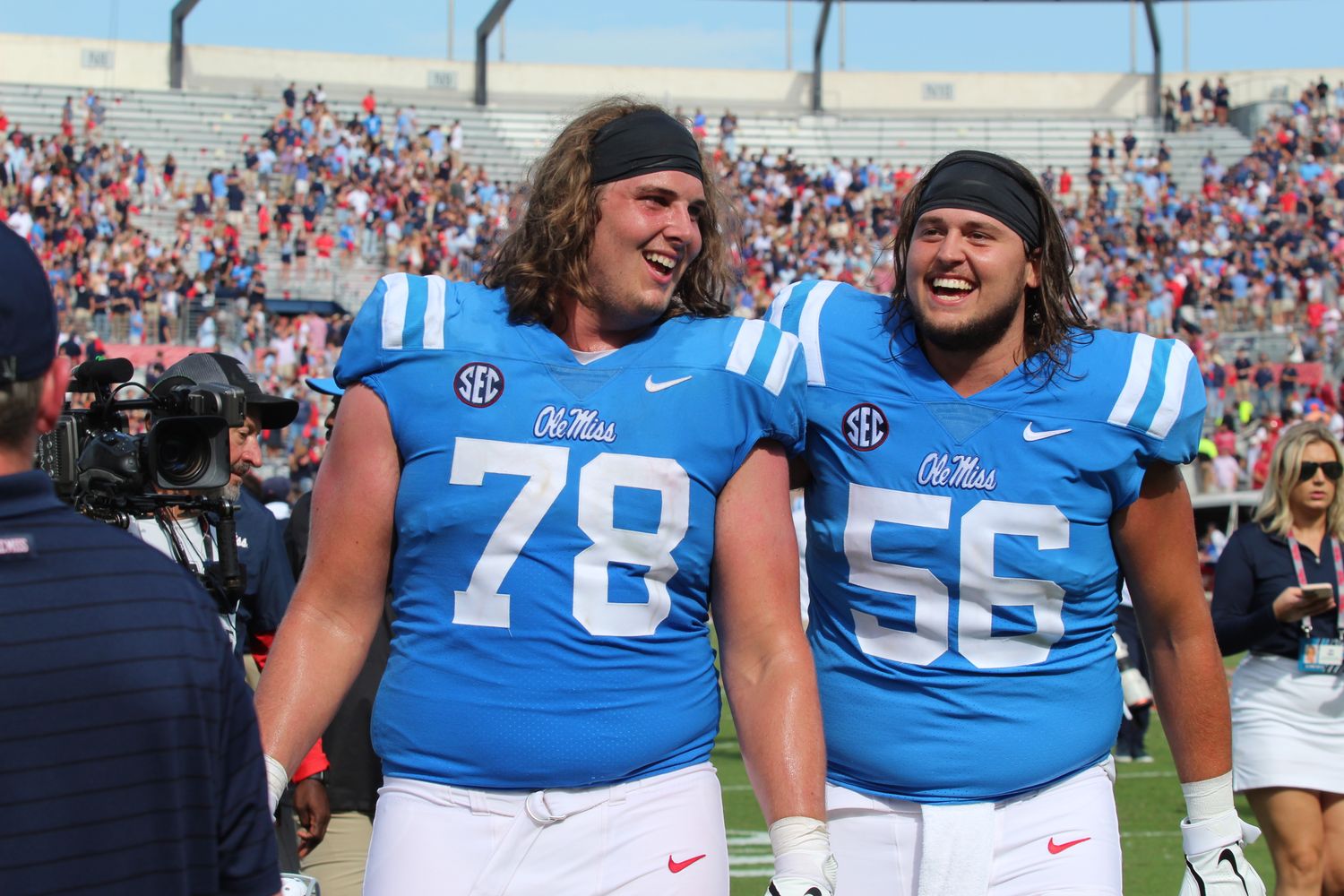 Ole Miss offensive linemen Jeremy James (#78) and Reece McIntyre (#56)