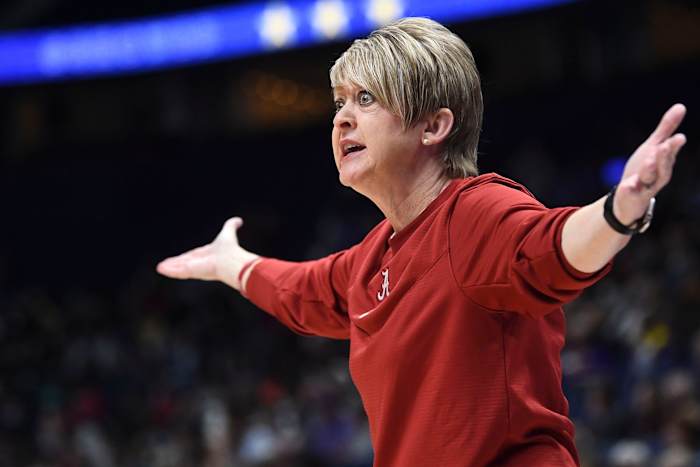 Alabama basketball coach Kristy Curry questions a call during the SEC Women's Basketball Tournament game against Auburn in Nashville, Tenn. on Wednesday, March 2, 2022.