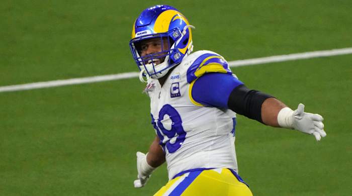 os Angeles Rams defensive end Aaron Donald (99) celebrates in the fourth quarter against the Cincinnati Bengals in Super Bowl LVI at SoFi Stadium.