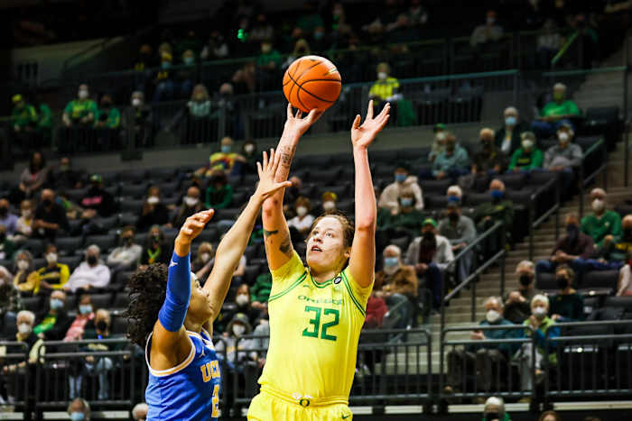 Sedona Prince shoots a jumper over a UCLA defender.