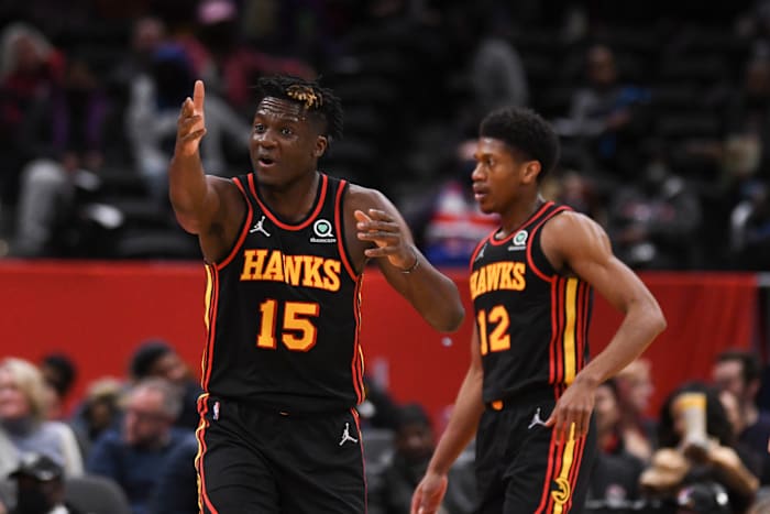 Mar 4, 2022; Washington, District of Columbia, USA; Atlanta Hawks center Clint Capela (15) reacts after a call during the first half against the Washington Wizards at Capital One Arena.