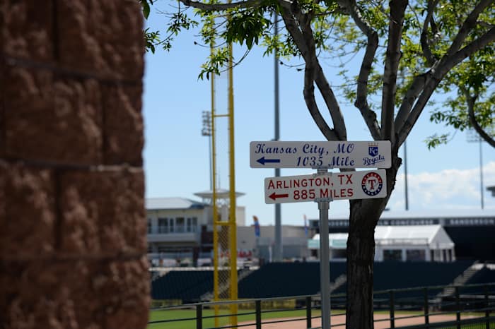 Mar 15, 2020; Surprise, Arizona, USA; Signs at Surprise Stadium point toward Kansas City Missouri and Arlington Texas following the cancellation of spring training games due to concerns over the COVID-19 coronavirus. Mandatory Credit: Joe Camporeale-USA TODAY Sports