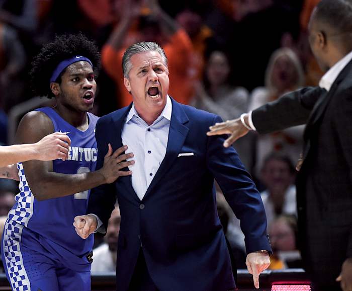 Kentucky head coach John Calipari reacts after a technical foul was called against him during the NCAA college basketball game between the Kentucky Wildcats and Tennessee Volunteers in Knoxville.