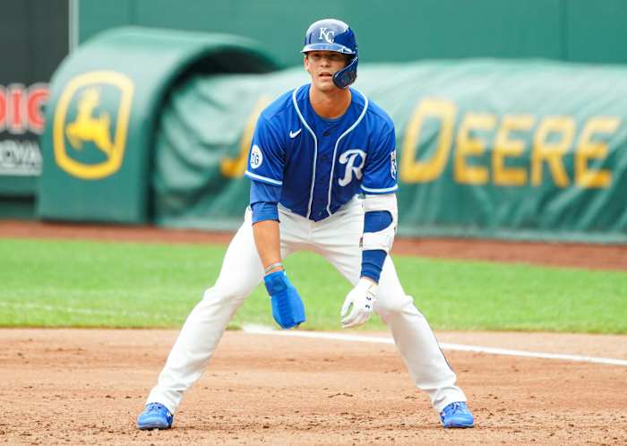 Jul 21, 2020; Kansas City, Missouri, USA; Kansas City Royals shortstop Bobby Witt (90) leads off from first base against the Houston Astros at Kauffman Stadium. Mandatory Credit: Jay Biggerstaff-USA TODAY Sports
