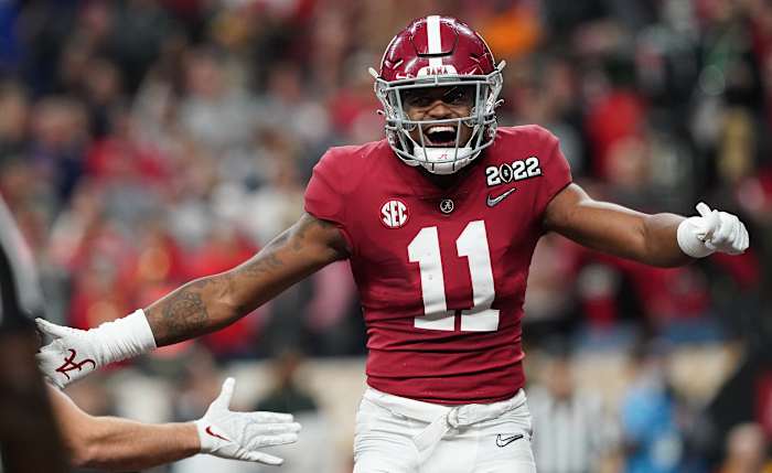 Alabama wide receiver Traeshon Holden (11) celebrates after Alabama scored a touchdown against Georgia during the 2022 CFP college football national championship game at Lucas Oil Stadium.