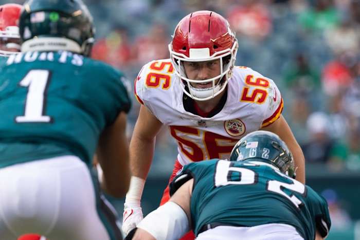 Oct 3, 2021; Philadelphia, Pennsylvania, USA; Kansas City Chiefs linebacker Ben Niemann (56) against the Philadelphia Eagles during the fourth quarter at Lincoln Financial Field. Mandatory Credit: Bill Streicher-USA TODAY Sports