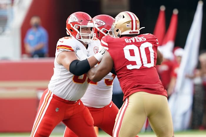 Aug 14, 2021; Santa Clara, California, USA; Kansas City Chiefs center Austin Blythe (66) blocks San Francisco 49ers defensive tackle Kevin Givens (90) during the second quarter at Levi's Stadium. Mandatory Credit: Darren Yamashita-USA TODAY Sports