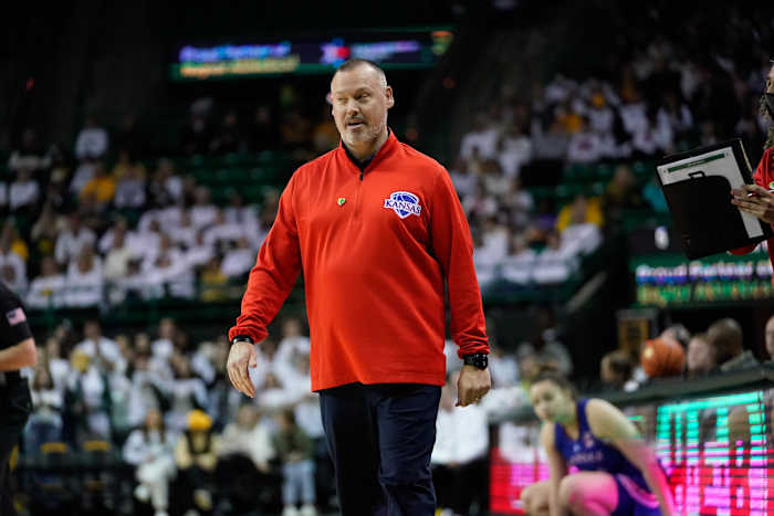 Feb 26, 2022; Waco, Texas, USA; Kansas Jayhawks head coach Brandon Schneider reacts to a call against the Baylor Lady Bears during the first half at Ferrell Center. Mandatory Credit: Chris Jones-USA TODAY Sports