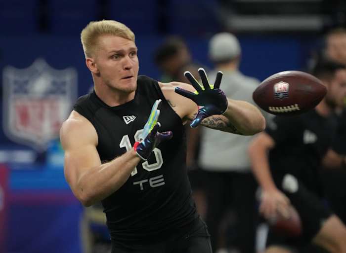 NFL draft prospect Trey McBride catches pass at NFL Combine