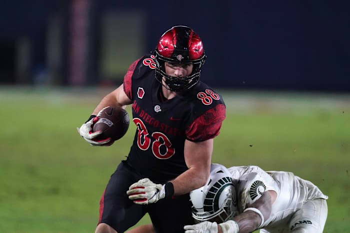 Dec 5, 2020; Carson, California, USA; San Diego State Aztecs tight end Daniel Bellinger (88) carries the ball in the third quarter against the Colorado State Rams at Dignity Health Sports Park. SDSU defeated CSU 29-17. Mandatory Credit: Kirby Lee-USA TODAY Sports