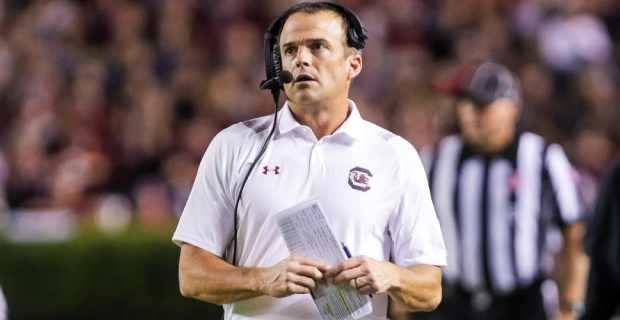 South Carolina Gamecocks head coach Shane Beamer on the sideline during a college football game in the SEC.