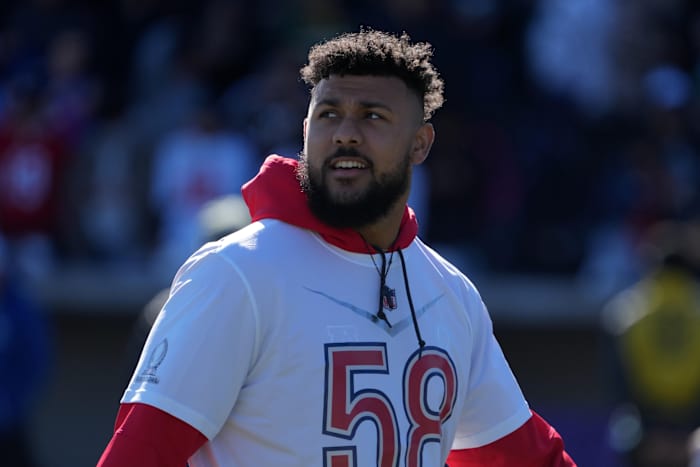 Tennessee Titans linebacker Harold Landry III (58) during AFC practice at the Las Vegas Ballpark.