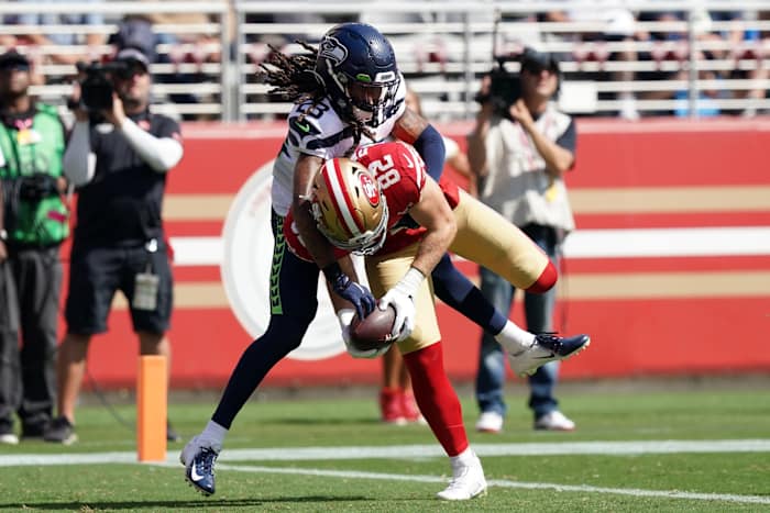 Seattle Seahawks CB Sidney Jones tries to break up pass