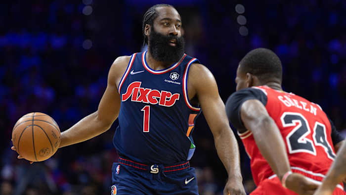 Philadelphia 76ers guard James Harden (1) dribbles the ball against the Chicago Bulls during the first quarter at Wells Fargo Center.