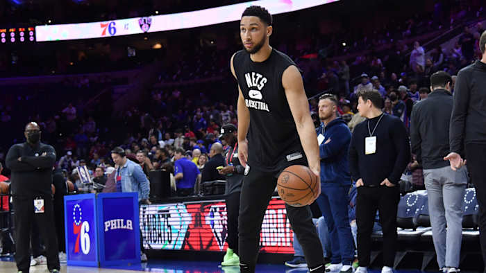 Brooklyn Nets guard Ben Simmons (10) during warmups against the Philadelphia 76ers at Wells Fargo Center.