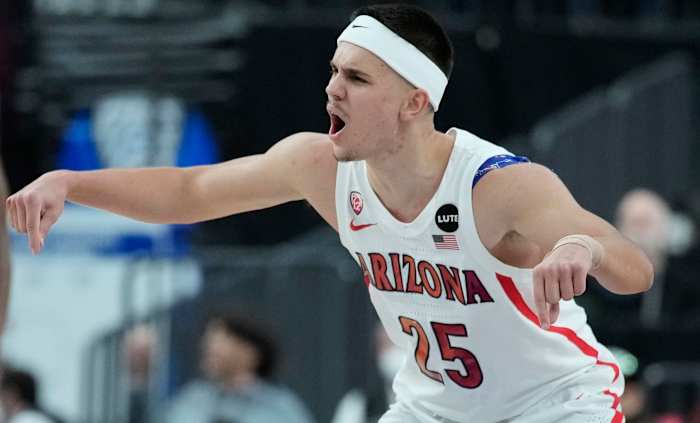 Arizona’s Kerr Kriisa (25) reats during the second half of an NCAA college basketball game against Stanford in the quarterfinal round of the Pac-12 tournament Thursday, March 10, 2022, in Las Vegas