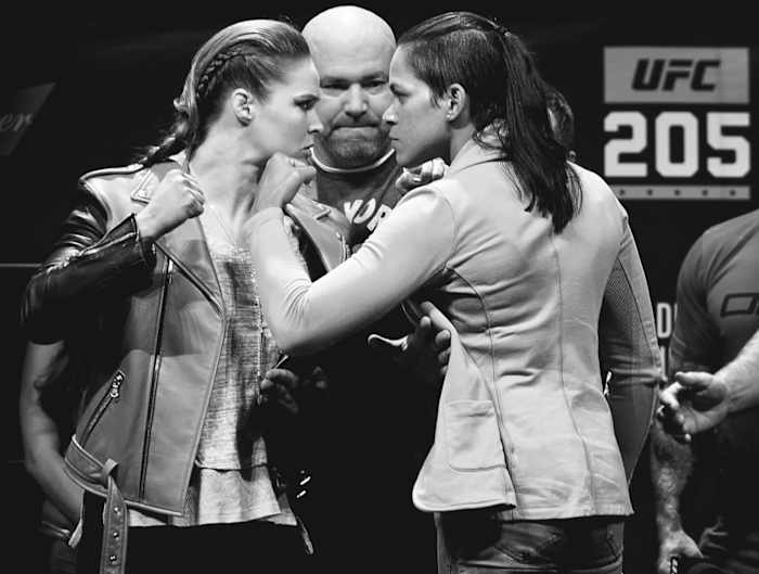 Ronda Rousey (L) and Amanda Nunes UFC: Weigh Ins Madison Square Garden 11/11/2016