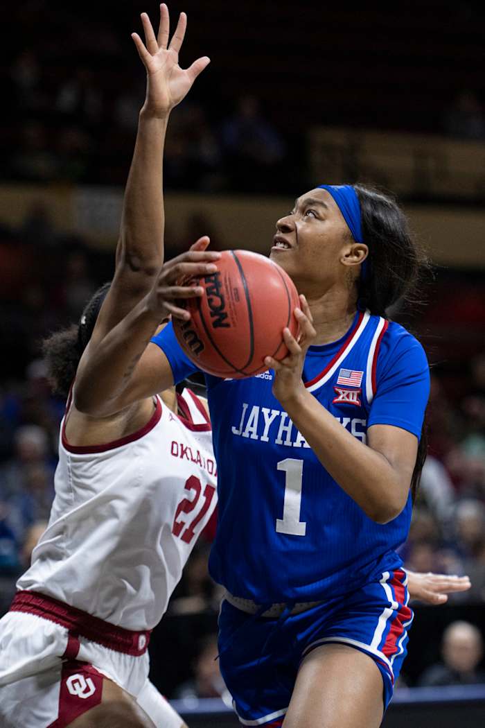 Mar 11, 2022; Kansas City, MO, USA; Kansas Jayhawks center Taiyanna Jackson (1) tries to shoot while defended by Oklahoma Sooners forward Nydia Lampkin (21) in the second half at Municipal Auditorium. Mandatory Credit: Amy Kontras-USA TODAY Sports
