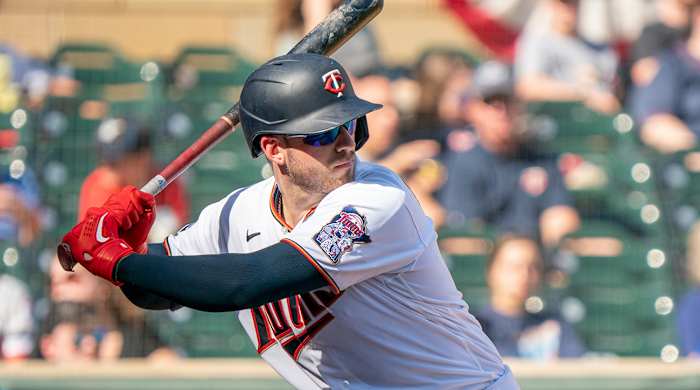 Minnesota Twins catcher Mitch Garver (8) bats in the fourth inning at Target Field.