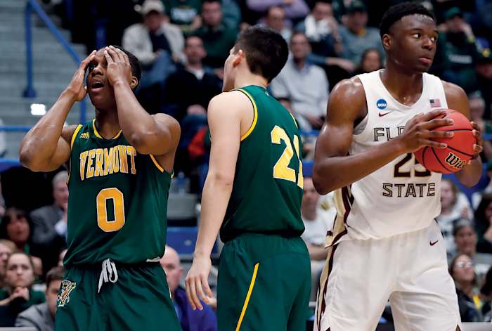 Vermont Catamounts guard Stef Smith (0) reacts during the second half off a game against the Florida State Seminoles in the first round of the 2019 NCAA Tournament at XL Center.