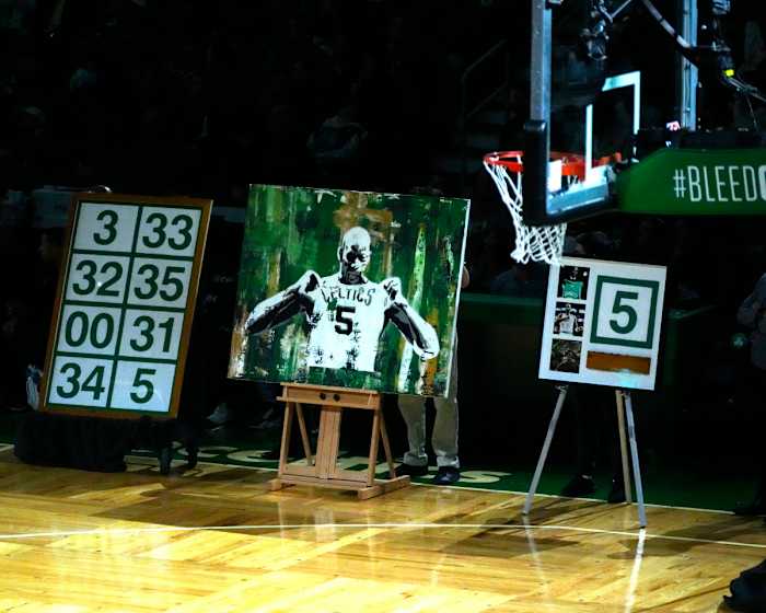 The gifts given to Basketball Hall of Fame and former Boston Celtic, Kevin Garnett during the number retirement ceremony after the game between the Boston Celtics the Dallas Mavericks at TD Garden.