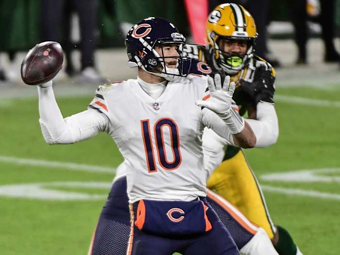 Nov 29, 2020; Green Bay, Wisconsin, USA; Chicago Bears quarterback Mitchell Trubisky (10) throws a pass in the fourth quarter during the game against the Green Bay Packers at Lambeau Field. Mandatory Credit: Benny Sieu-USA TODAY Sports