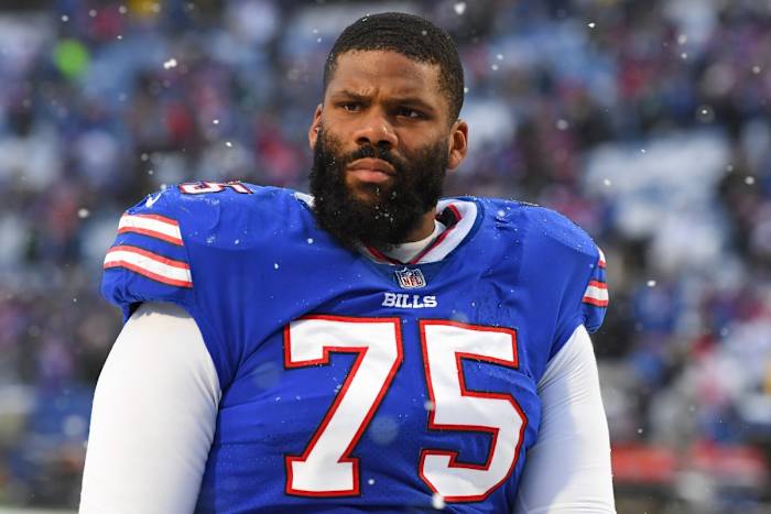 Jan 2, 2022; Orchard Park, New York, USA; Buffalo Bills offensive tackle Daryl Williams (75) following the game against the Atlanta Falcons at Highmark Stadium. Mandatory Credit: Rich Barnes-USA TODAY Sports