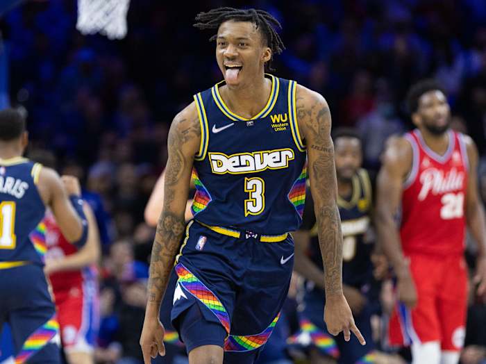 Denver Nuggets guard Bones Hyland (3) reacts to his three pointer against the Philadelphia 76ers during the fourth quarter at Wells Fargo Center.