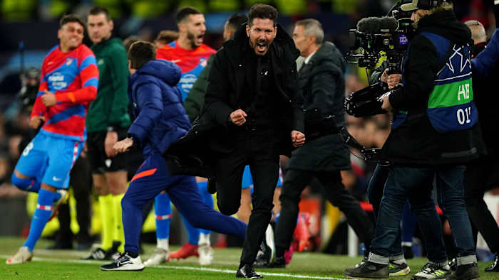 Diego Simeone celebrates Atletico Madrid’s win at Manchester United