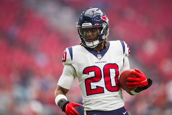 Oct 24, 2021; Glendale, Arizona, USA; Houston Texans safety Justin Reid (20) against the Arizona Cardinals at State Farm Stadium. Mandatory Credit: Mark J. Rebilas-USA TODAY Sports