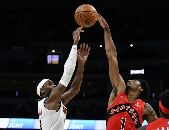 Denver Nuggets forward Will Barton (5) gets his shot blocked by guard Armoni Brooks (1) during the first quarter at Ball Arena