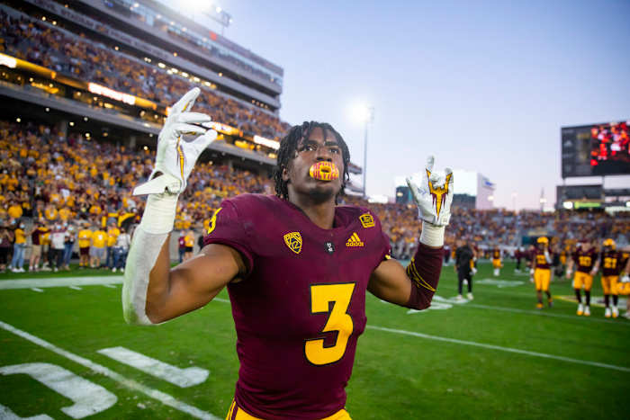 Nov 27, 2021; Tempe, Arizona, USA; Arizona State Sun Devils running back Rachaad White (3) reacts following the game against the Arizona Wildcats at Sun Devil Stadium. Mandatory Credit: Mark J. Rebilas-USA TODAY Sports