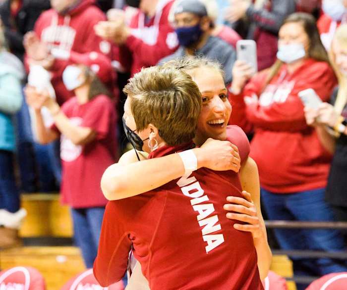 Indiana's Ali Patberg (14) embraces head coach Teri Moren after the victory in the Indiana versus Maryland women's basketball game at Simon Skjodt Assembly Hall on Sunday, Jan. 2, 2022.