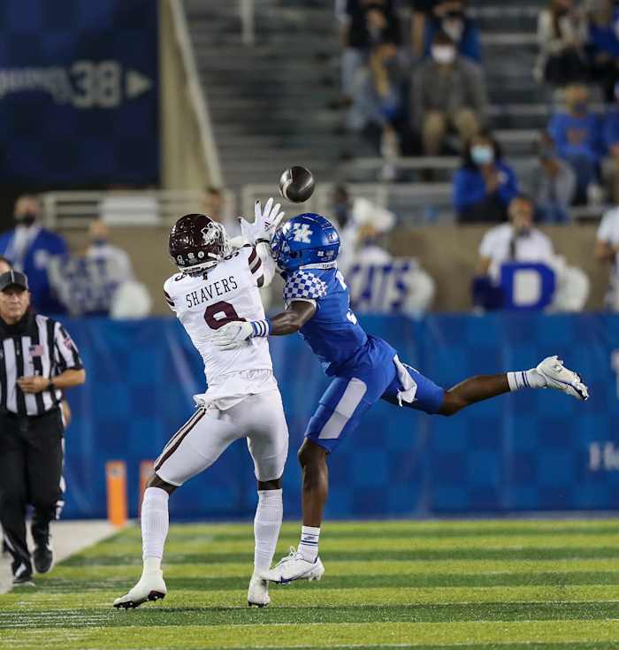Former Kentucky cornerback Cedrick Dort breaks up a pass against Mississippi State.