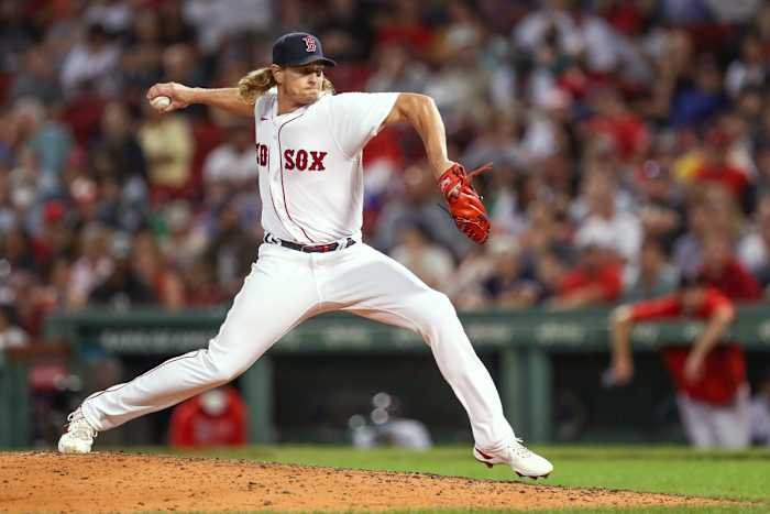 Sep 8, 2021; Boston, Massachusetts, USA; Boston Red Sox pitcher Garrett Richards (43) delivers against the Tampa Bay Rays during the eighth inning at Fenway Park. Mandatory Credit: Paul Rutherford-USA TODAY Sports