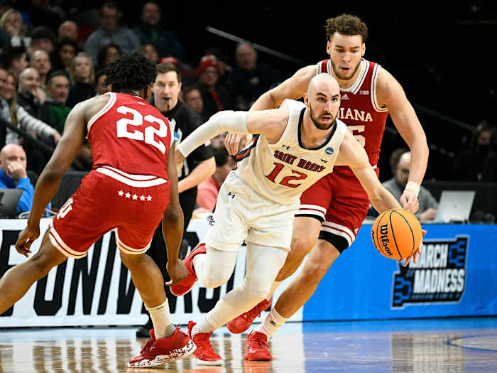 Saint Mary’s Tommy Kuhse dribbles vs. Indiana