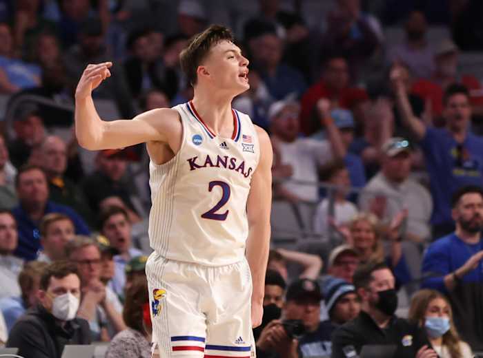 Mar 19, 2022; Fort Worth, TX, USA; Kansas Jayhawks guard Christian Braun (2) reacts after a basket against the Creighton Bluejays during the second round of the 2022 NCAA Tournament at Dickies Arena. Mandatory Credit: Kevin Jairaj-USA TODAY Sports