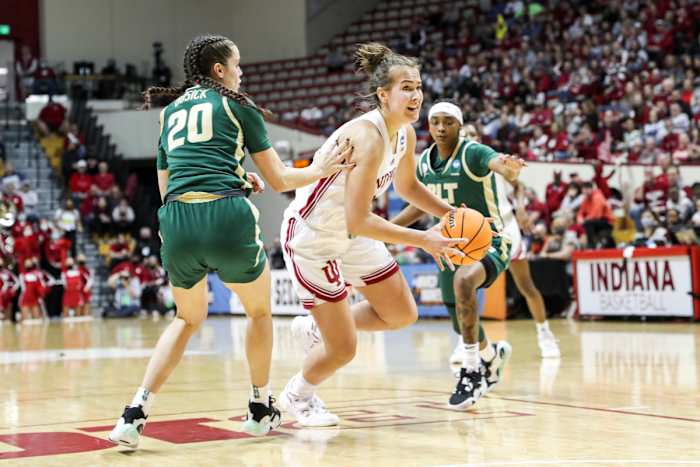 Aleksa Gulbe dribbles past a Charlotte defender.