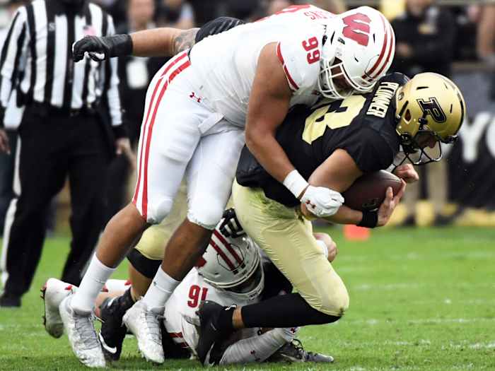 Wisconsin defensive lineman Isaiah Mullens with a sack against Purdue.