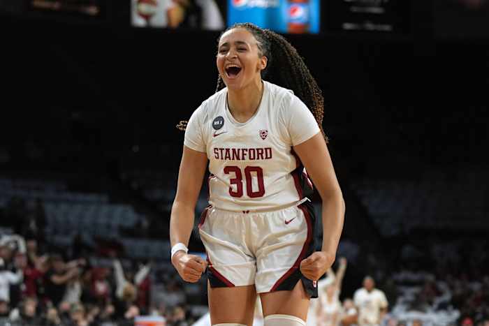 Mar 6, 2022; Las Vegas, NV, USA; Stanford Cardinal guard Haley Jones (30) celebrates in the first half against the Utah Utes in the Pac -12 Conference Women's Tournament Championship at Michelob Ultra Arena. Mandatory Credit: Kirby Lee-USA TODAY Sports