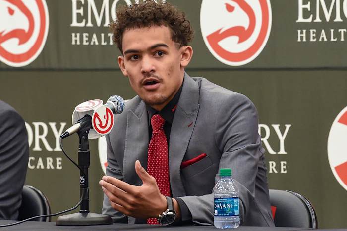 Jun 25, 2018; Atlanta, GA, USA; Atlanta Hawks draft pick Trae Young speaks during a press conference at Atlanta Hawks Emory Sports Medicine Complex.
