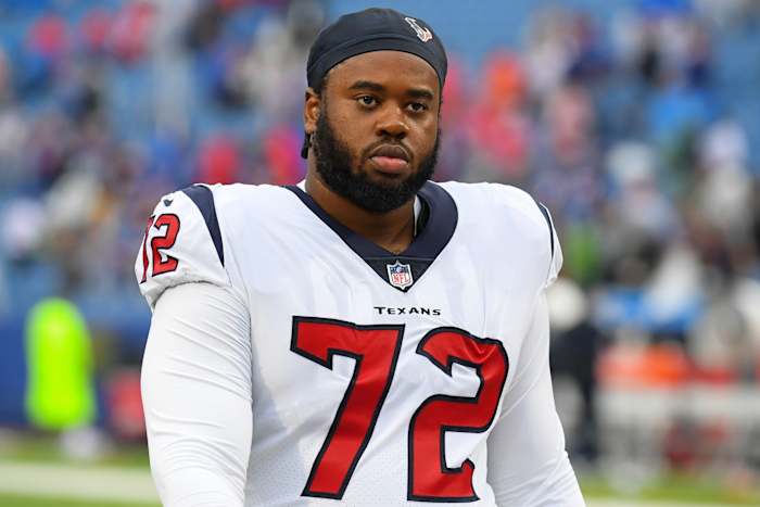 Oct 3, 2021; Orchard Park, New York, USA; Houston Texans offensive tackle Geron Christian (72) following the game against the Buffalo Bills at Highmark Stadium. Mandatory Credit: Rich Barnes-USA TODAY Sports