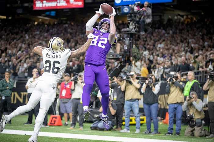 Minnesota Vikings tight end Kyle Rudolph catches a touchdown over New Orleans Saints P.J. Williams (26). Elizabeth Flores, Tribune News Service, Elmira Star-Gazette via Imagn Content Services, LLC