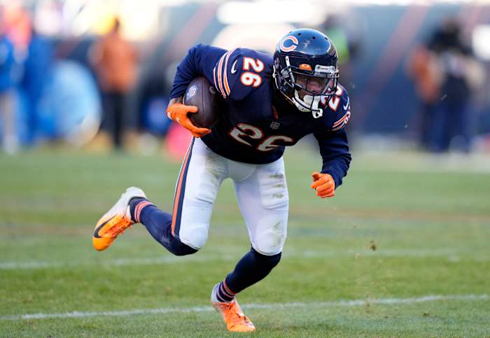 Jan 2, 2022; Chicago, Illinois, USA; Chicago Bears safety Deon Bush (26) makes an interception against the New York Giants during the second half at Soldier Field. Mandatory Credit: Mike Dinovo-USA TODAY Sports
