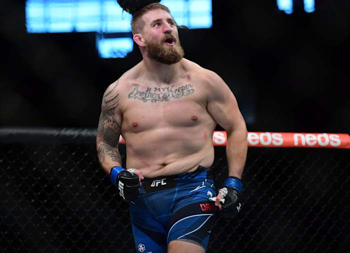 Chris Daukaus celebrates his TKO victory against Shamil Abdurakhimov at UFC 266.