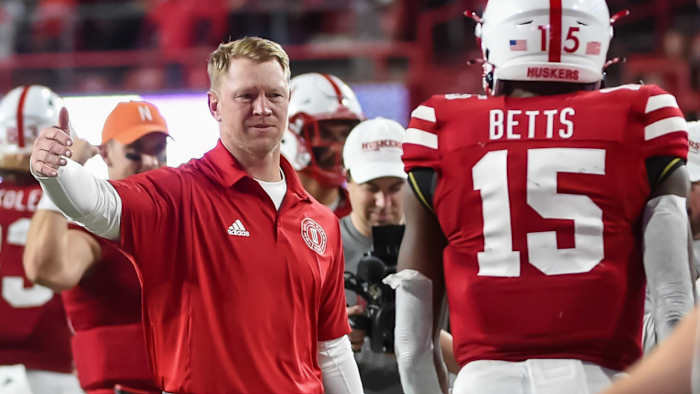 Scott Frost and Zavier Betts 2021 Northwestern vs Nebraska