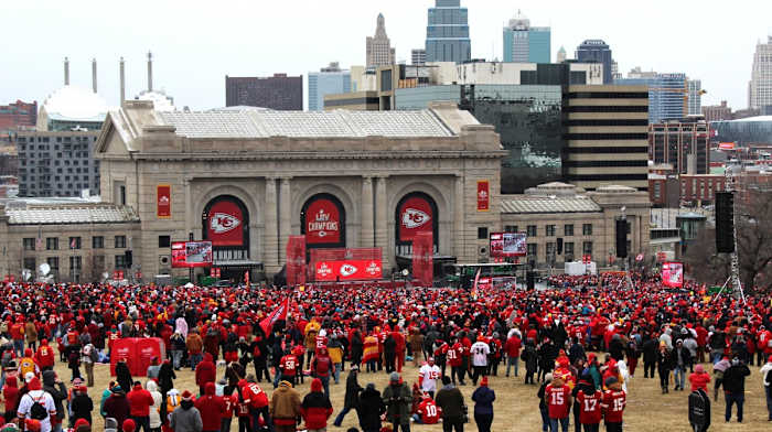 Feb 5, 2020; Kansas City, Missouri, USA; Kansas City's Union Station during the Kansas City Chiefs' Super Bowl LIV championship parade. Photo by Joshua Brisco.