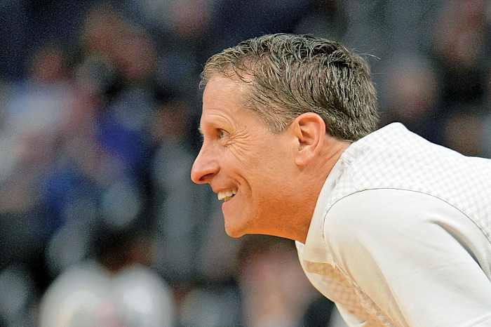 Arkansas Razorbacks head coach Eric Musselman reacts during the second half of their game against the Gonzaga Bulldogs in the semifinals of the West regional of the men's college basketball NCAA Tournament at Chase Center. The Arkansas Razorbacks won 74-68.