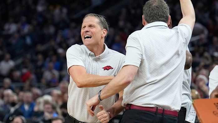 Arkansas coach Eric Musselman is pumped up after beating Gonzaga